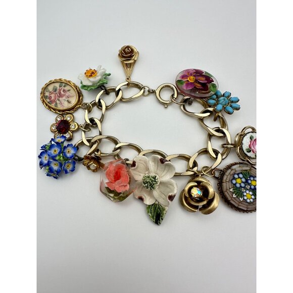 Handmade upcycled vintage antique earrings gold tone 13 charms chain bracelet - Picture 6 of 12